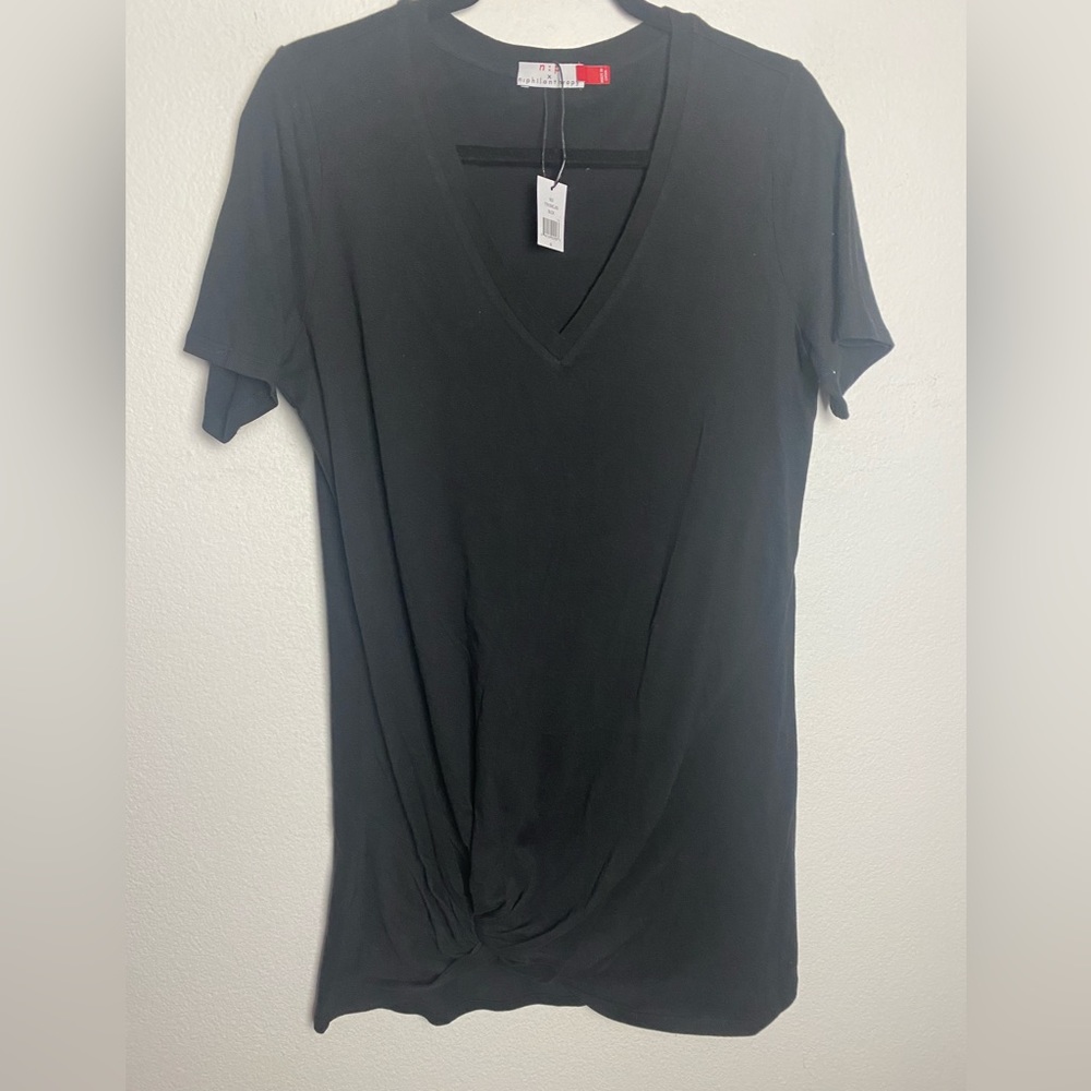 n: PHILANTHROPY Women Leonardo Knot Dress Black Medium NWT V-neck Short Sleeve